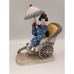 Vintage Japanese Porcelain Geisha Rickshaw Figurine Umbrella Made in Japan Decor